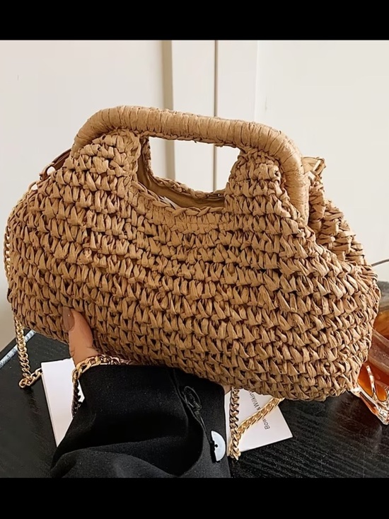 Affordable Fashion Finds Handbags - Woven Straw Top-Handle Shoulder Bag in Tan/khaki darker bag on the photo